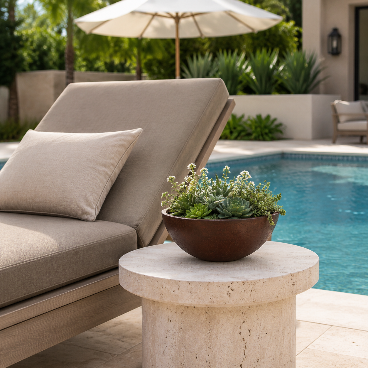 Commercial fiberclay bowl planters for poolside terrace