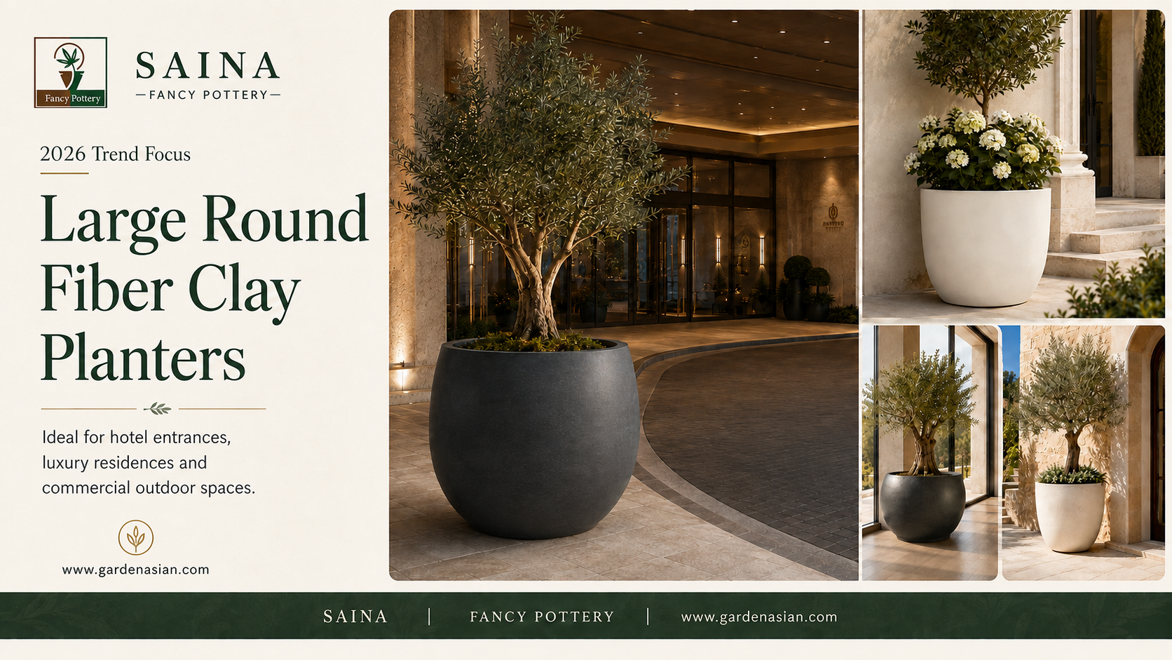 Large round fiber clay planters for hotels and commercial landscaping
