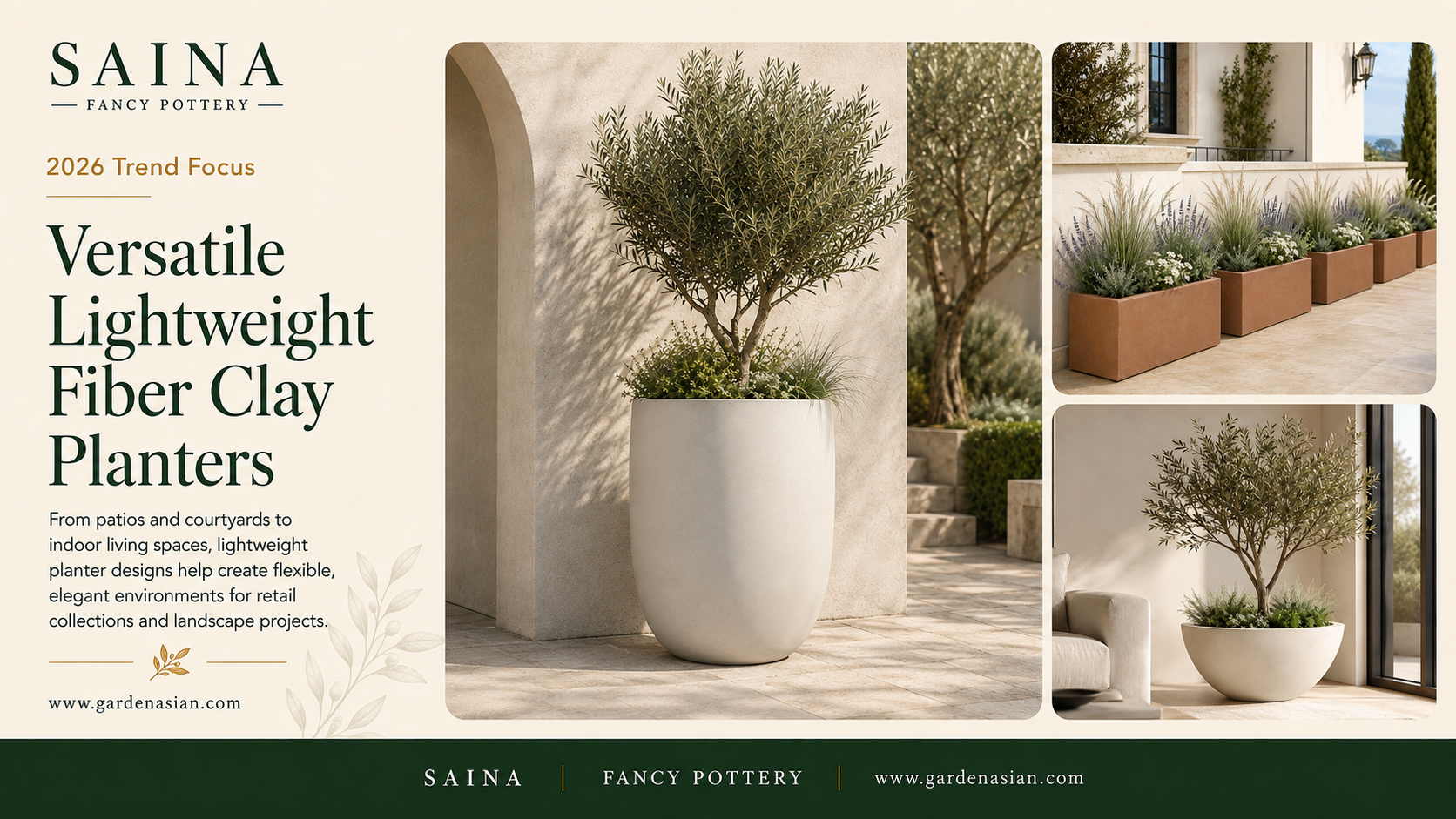 Lightweight outdoor fiber clay planters for wholesale buyers