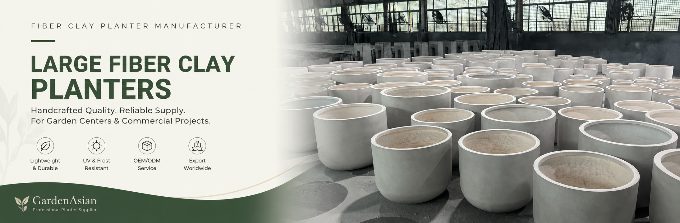 Large round fiber clay planters for wholesale and commercial outdoor projects