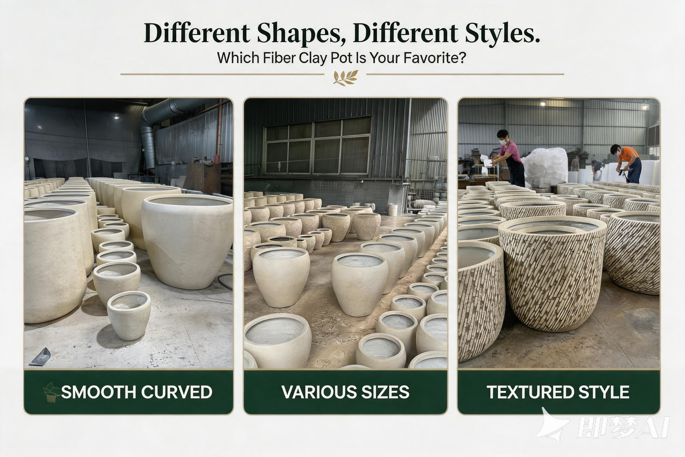 Fiber clay pots and planters in Saina factory workshop