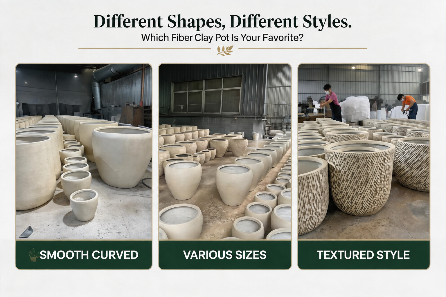 Fiber clay pots and planters in Saina factory workshop