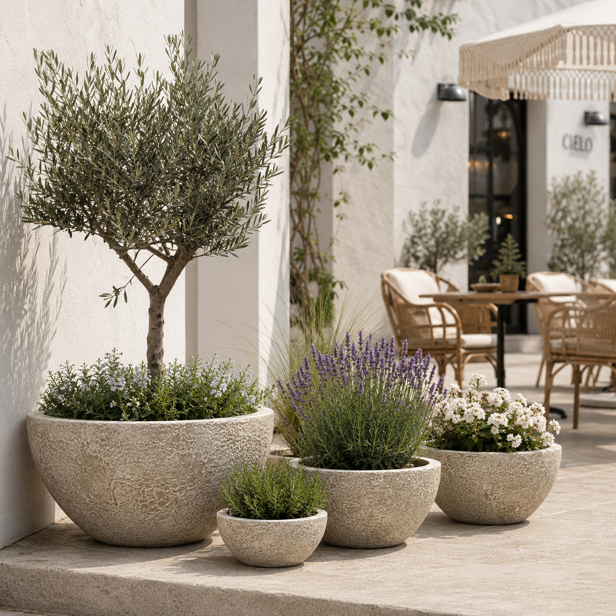 Volcano Beige fiber clay low bowl planter pots for patio decoration