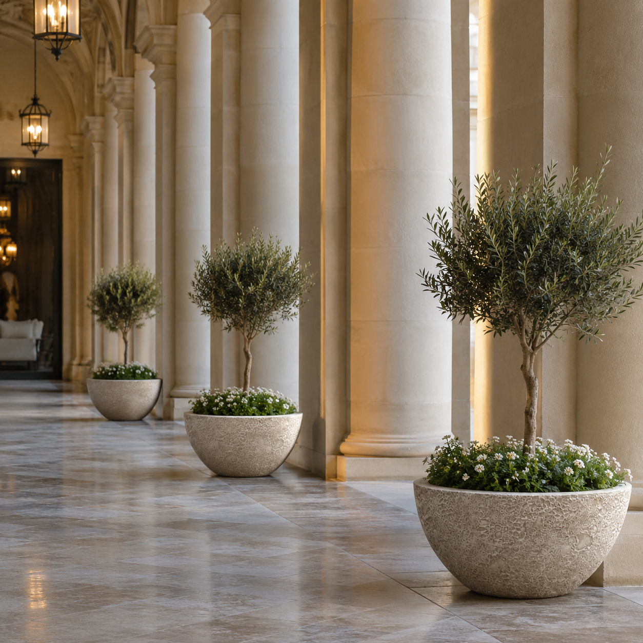 Volcano Beige <a href=/textured-fiber-clay-planters.html target='_blank'>textured fiber clay planter</a> pots for hotel corridor projects