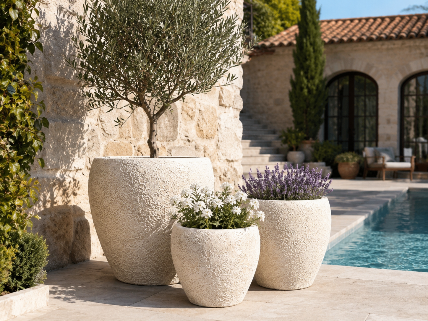 Volcano Beige round egg fiber clay planter pots for poolside patio