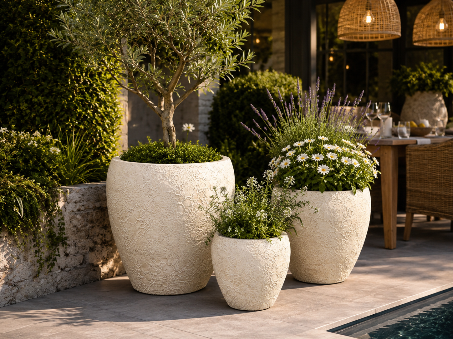 Volcano Beige round egg fiber clay planter pots for outdoor dining