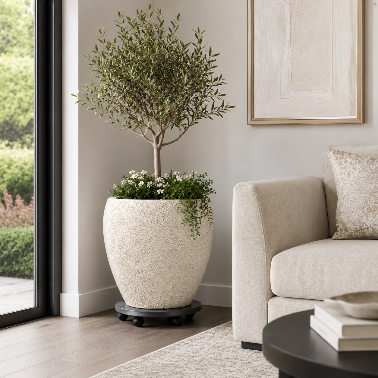 Volcano Beige round egg fiber clay planter pot for home application