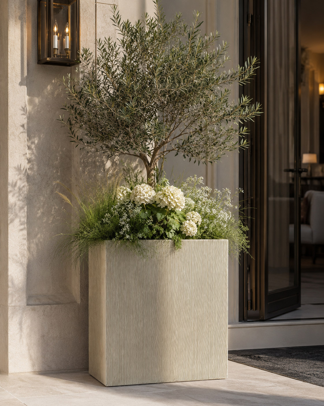 Line Desert ribbed rectangular fiber clay planter for villa garden entrance
