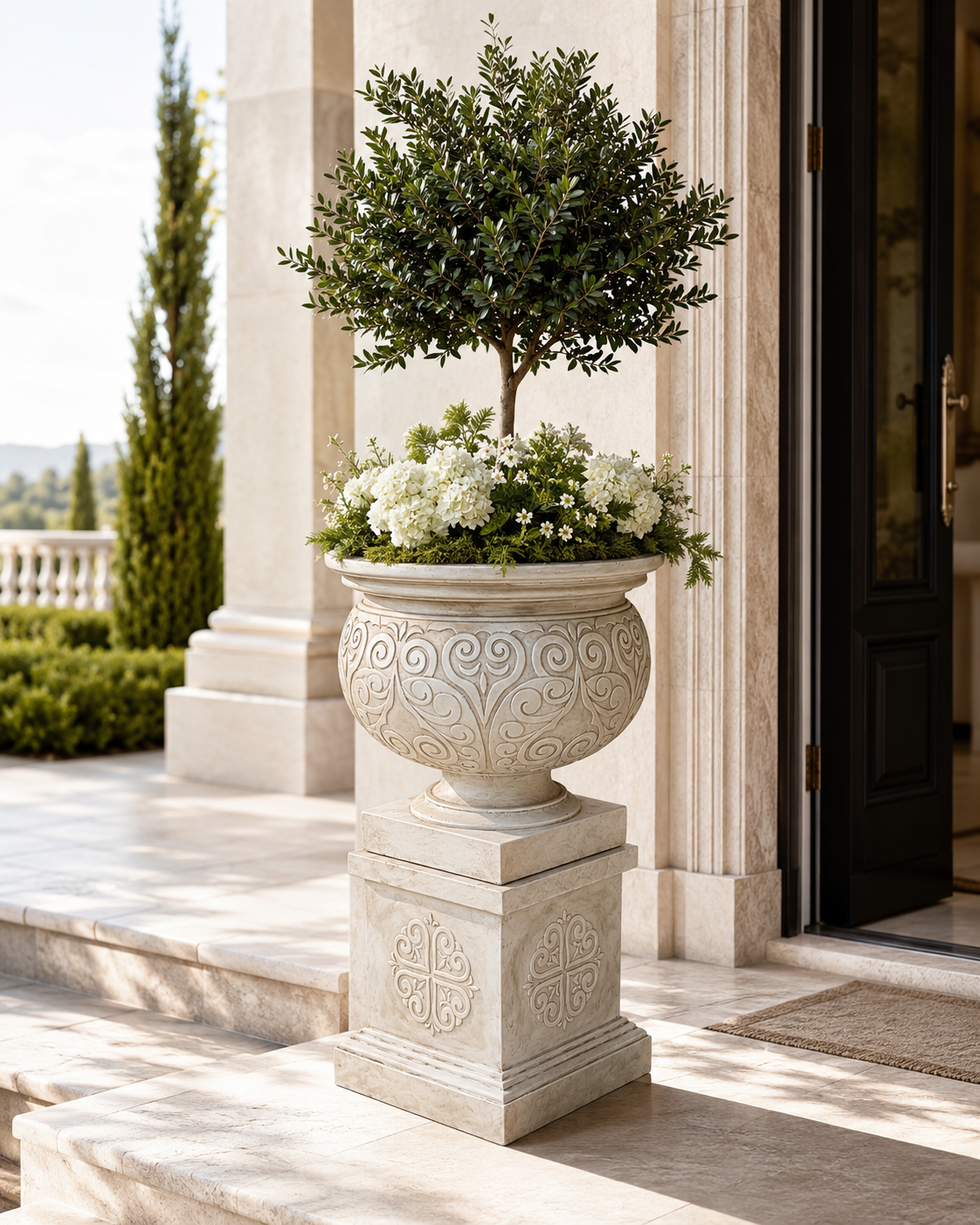 Classic fiber clay urn planter pot with pedestal for entrance decor