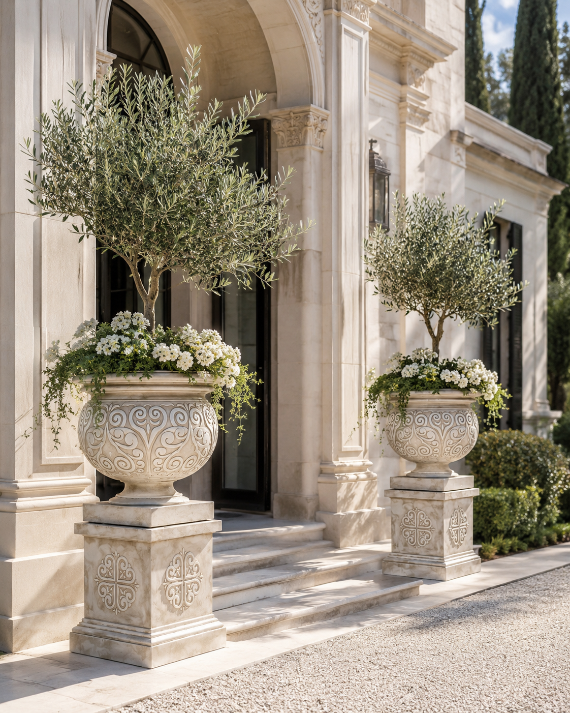 Large fiber clay urn planter with pedestal for villa entrance