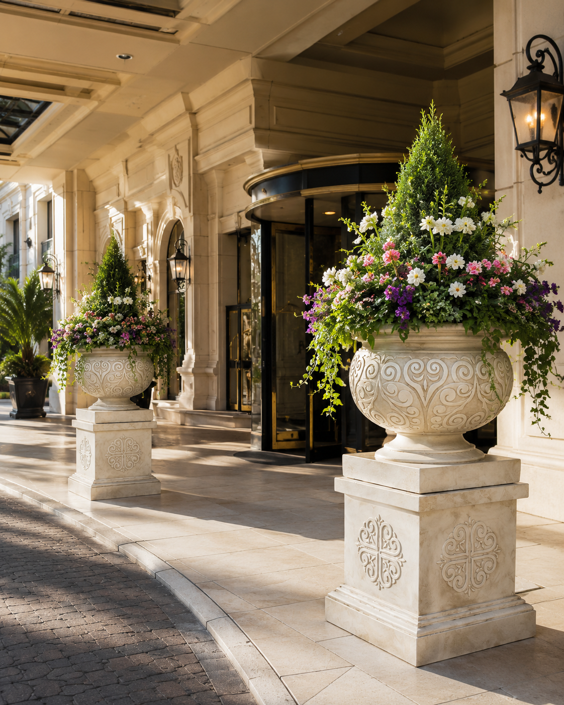 Outdoor fiberclay urn planter with pedestal for porch landscape