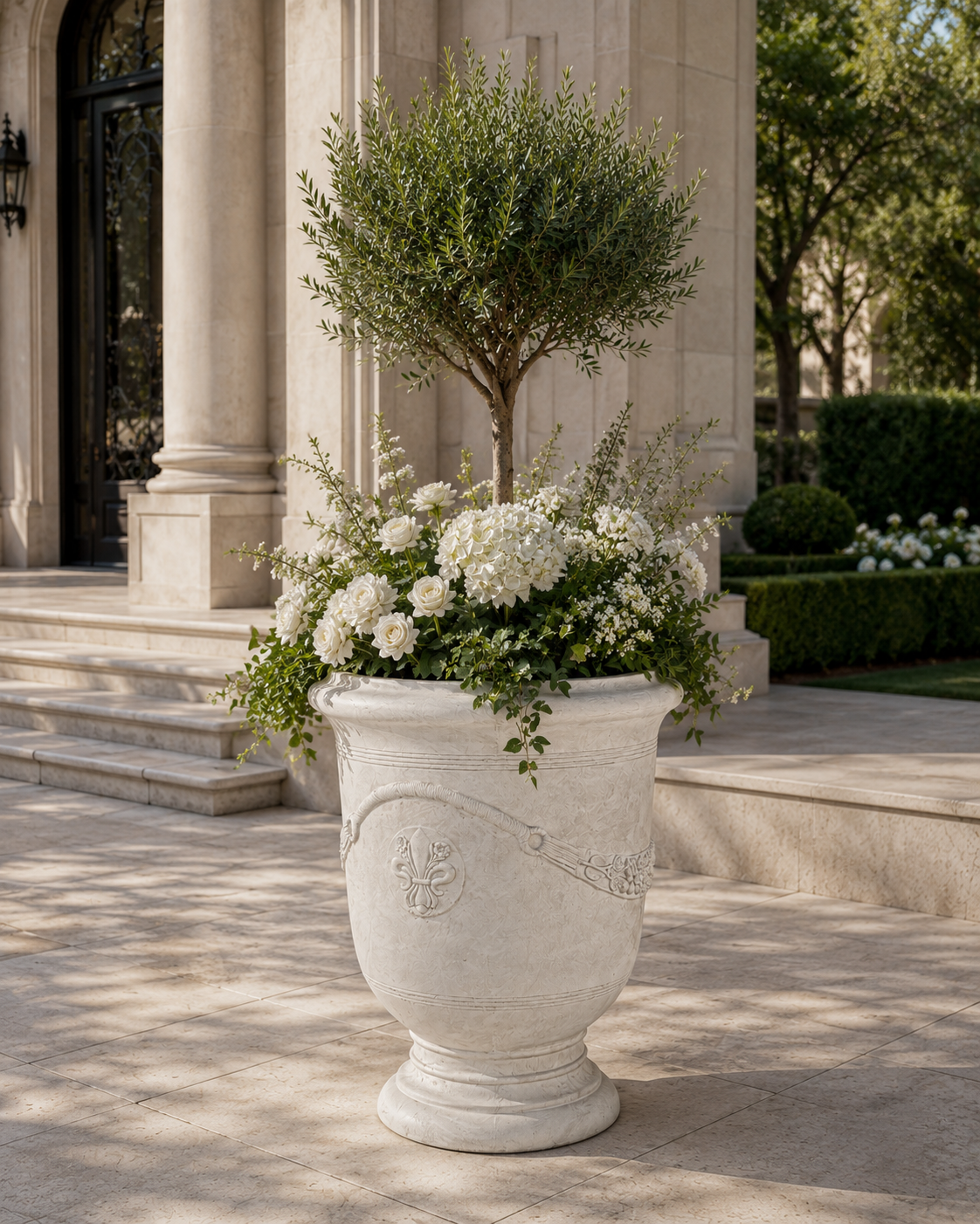 Outdoor fibre clay urn planter for garden flowerpot display