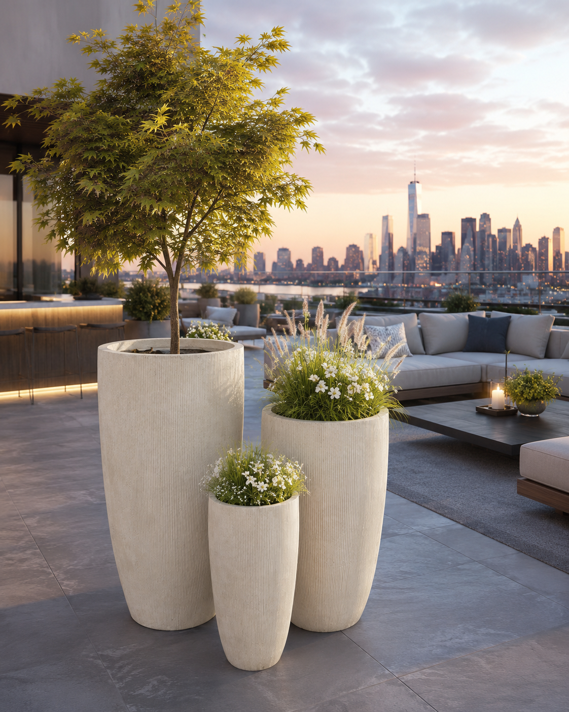 Tall ribbed fiber clay planter pots for rooftop terrace