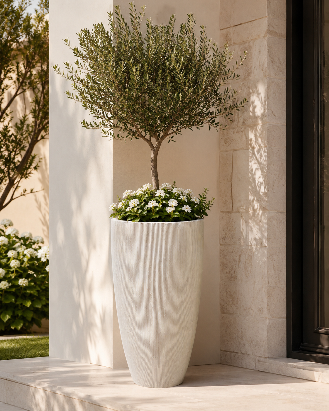 Line texture fiber clay planter pot for villa entrance