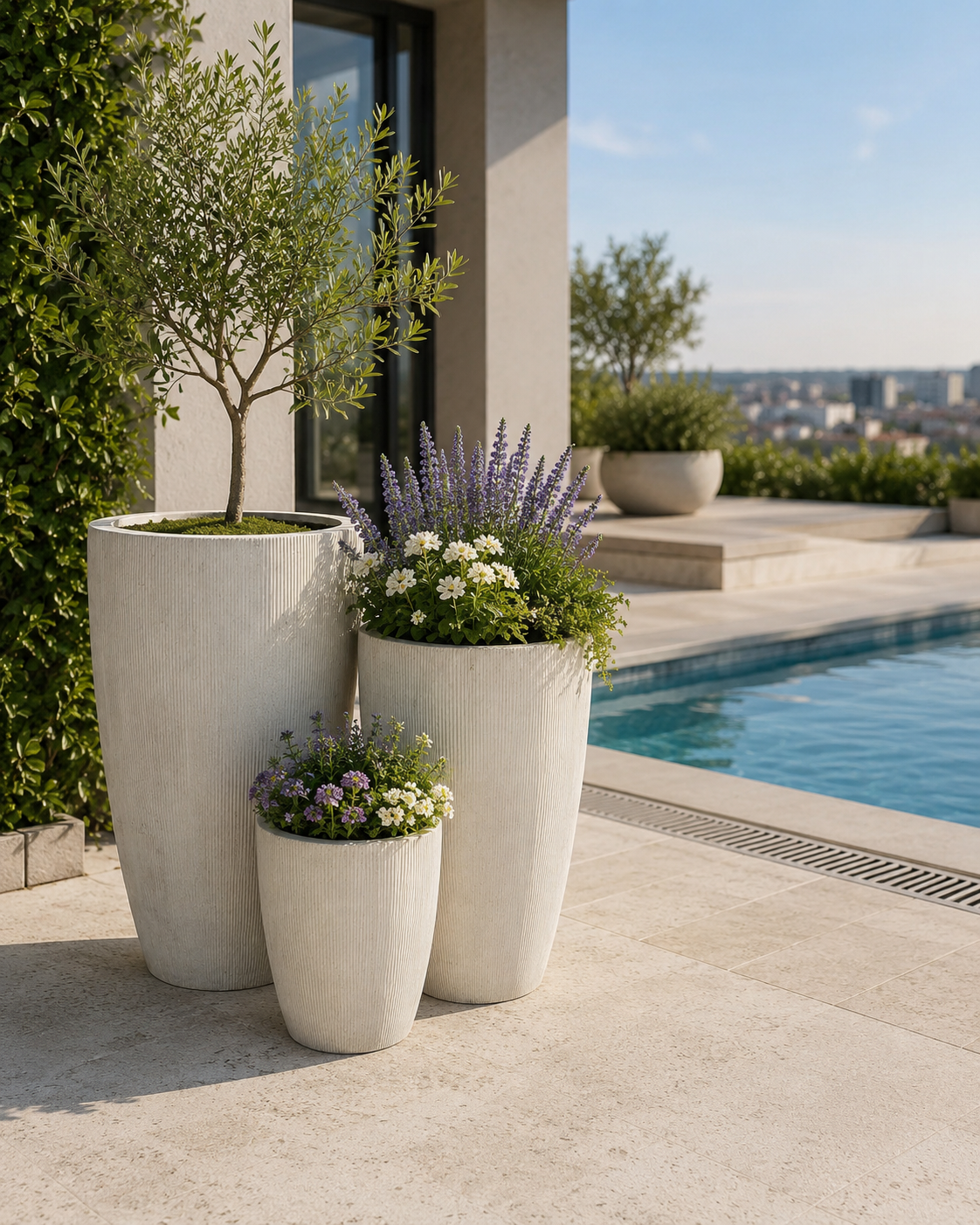 Wholesale outdoor fibre clay planter pot set for poolside landscape