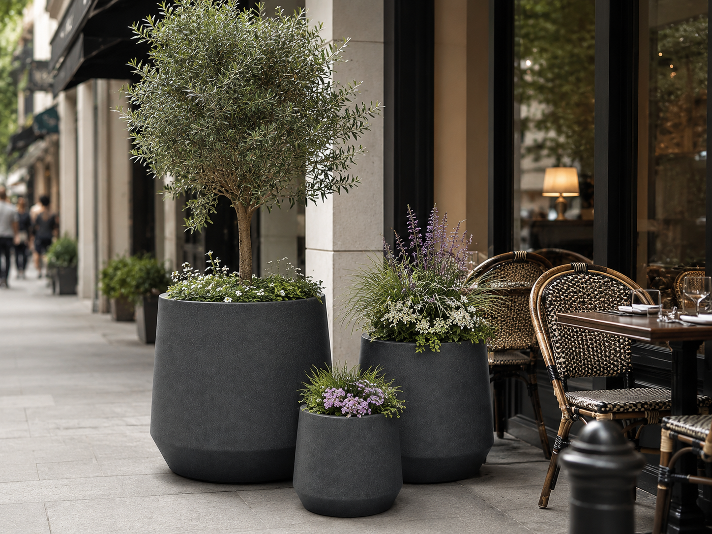 Matte black round fiber clay planter pots for cafe and restaurant front