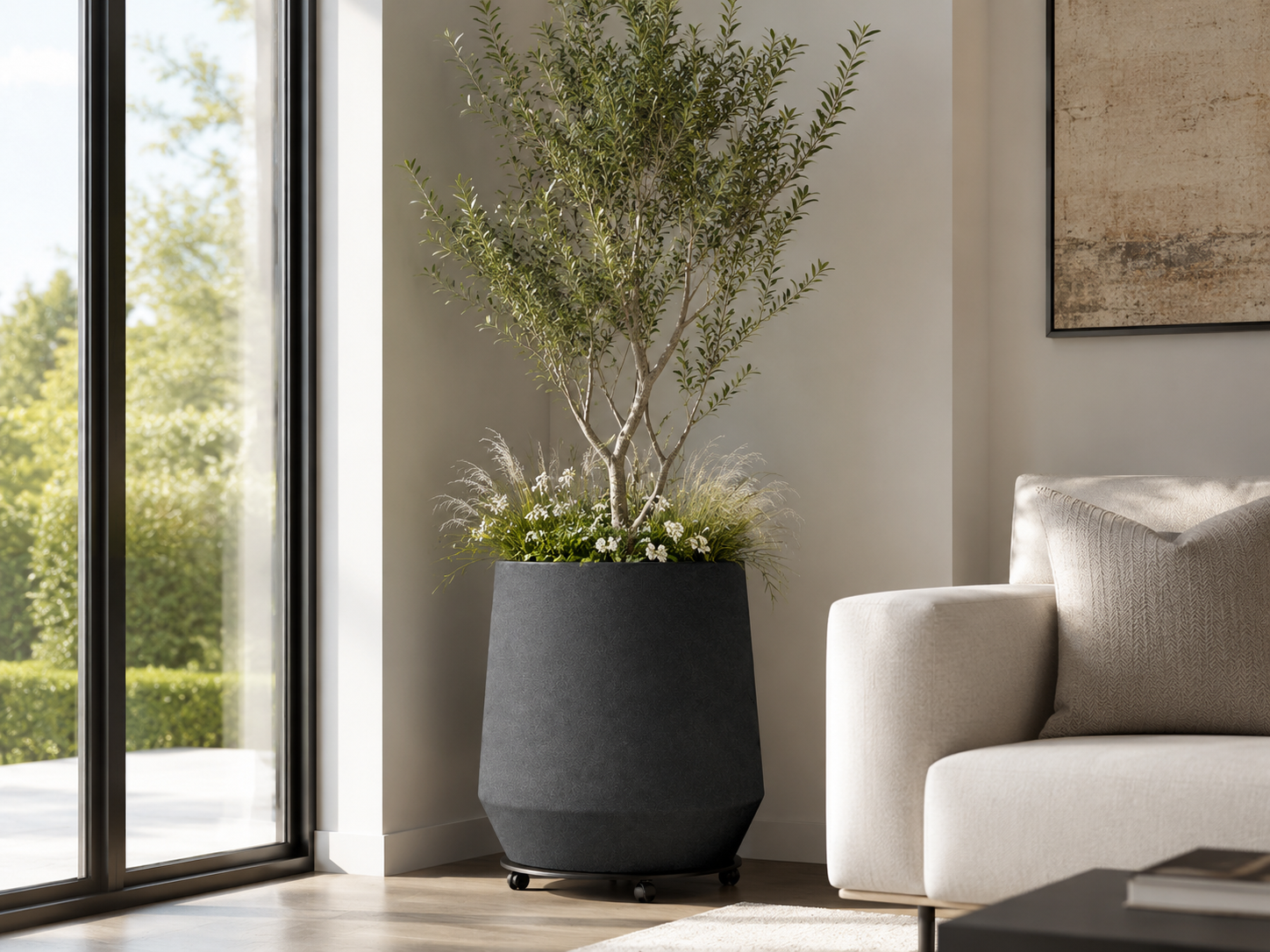 Black smooth fiber clay planter pot for indoor application