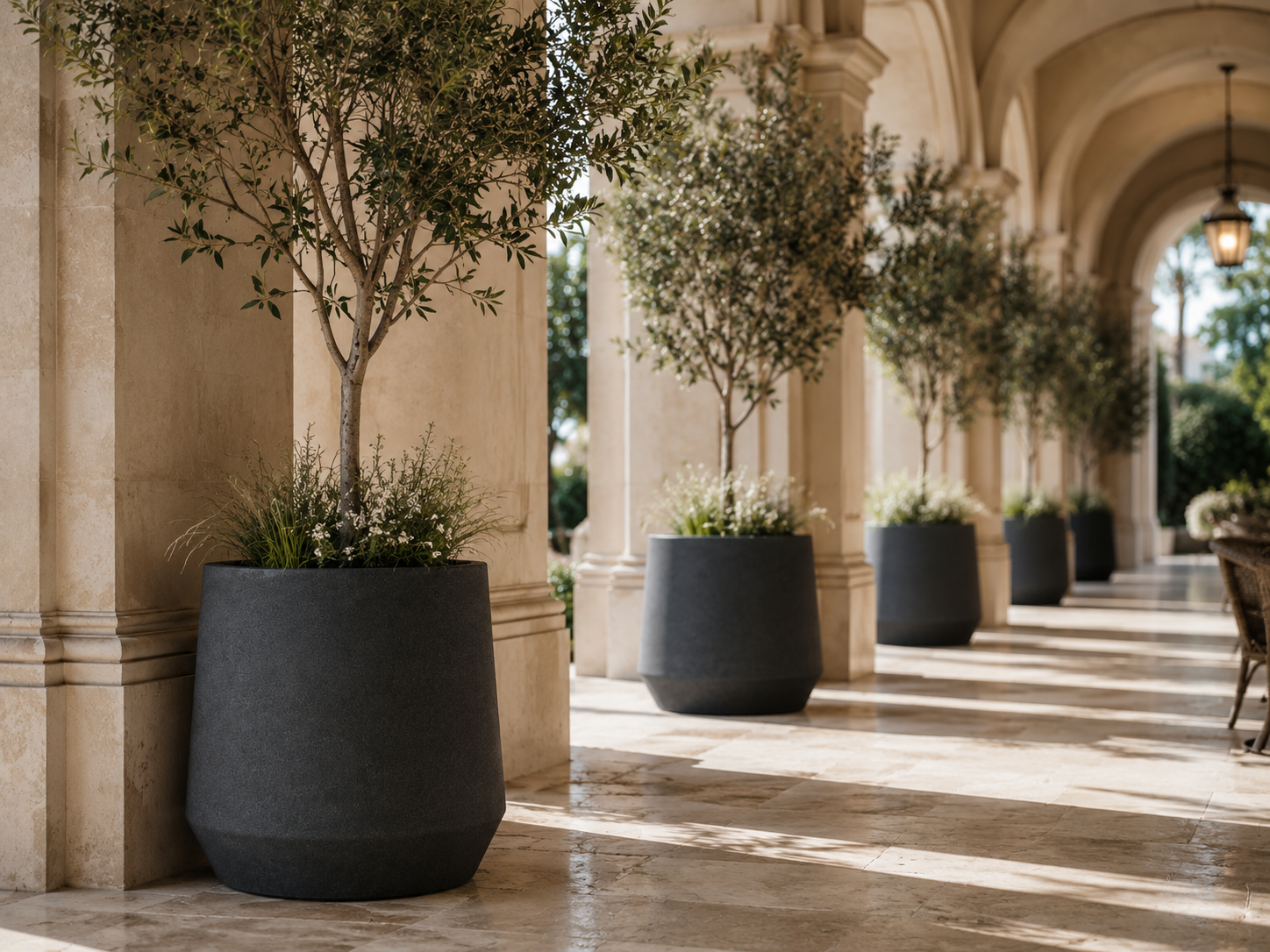 Wholesale outdoor black fibre clay planter pots for hotel corridor