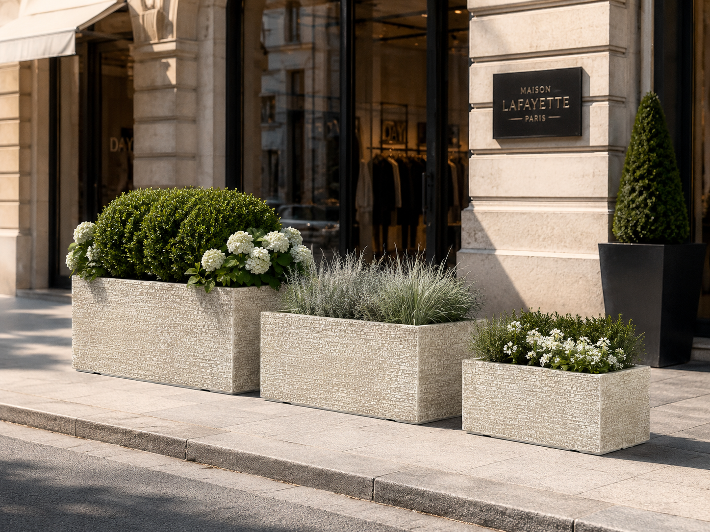 Tropic beige rectangular fiber clay planter pots for outdoor retail storefront