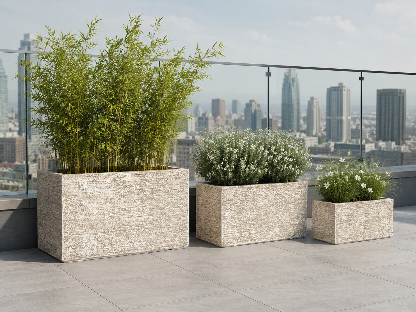 Wholesale outdoor fibre clay trough planters for rooftop terrace