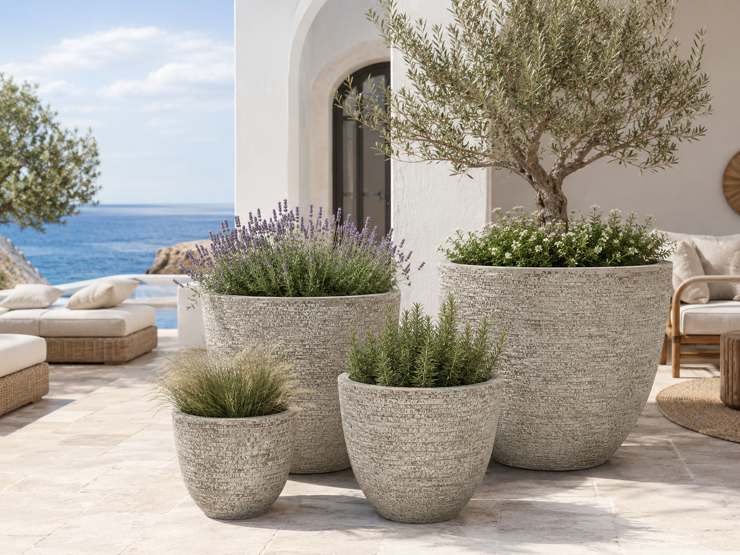 Wholesale large outdoor fibre clay pots set of six for seaside terrace landscaping