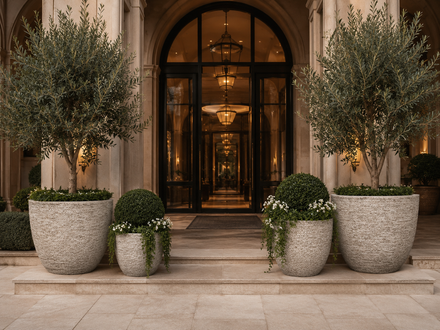 Oversized round fiberclay planters for luxury hotel entrance landscape projects