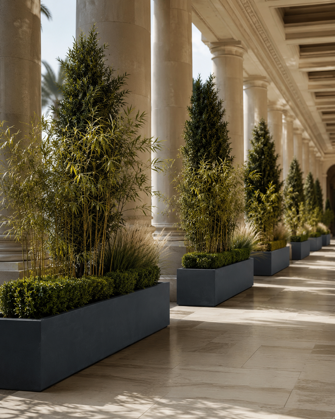 Oversize smooth black fiber clay trough planter boxes for veranda landscape projects