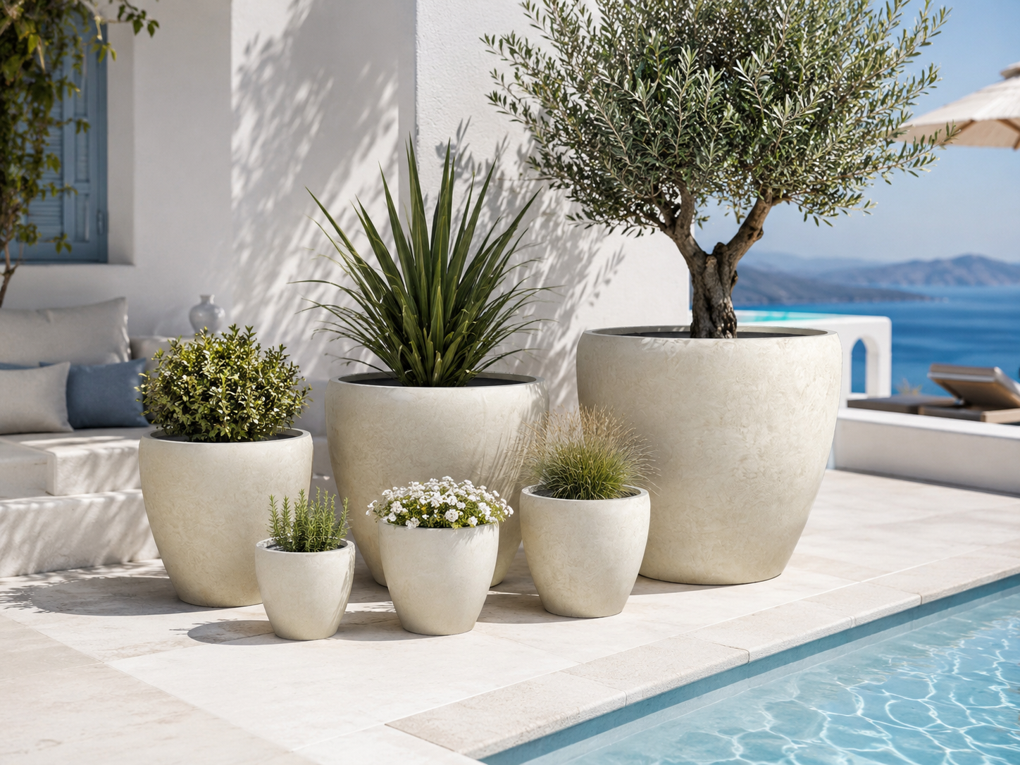 Wholesale beige fiber clay planter pots for seaside patio and villa garden projects