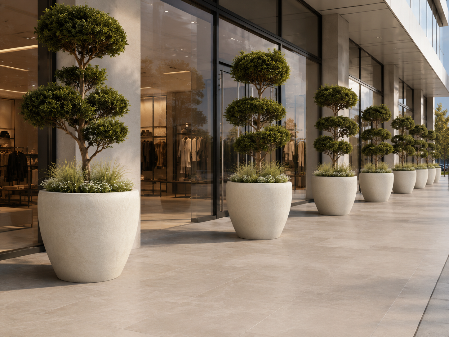 Wholesale outdoor fibre clay pots for commercial storefront landscaping