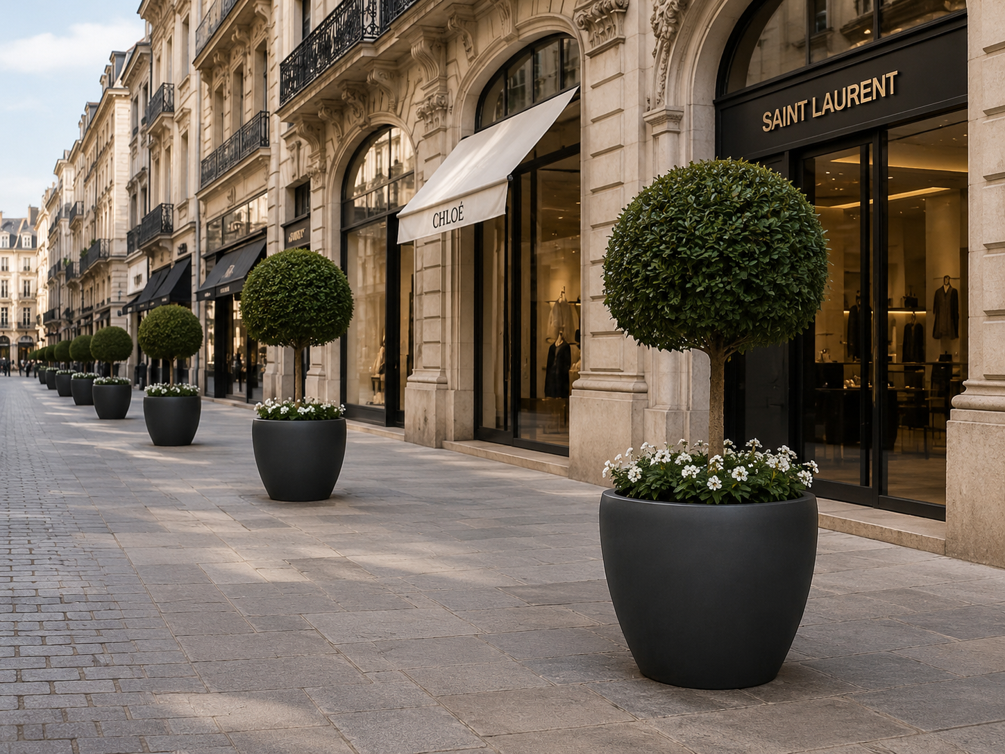 Large black fibre clay planter pots for premium retail storefront landscaping