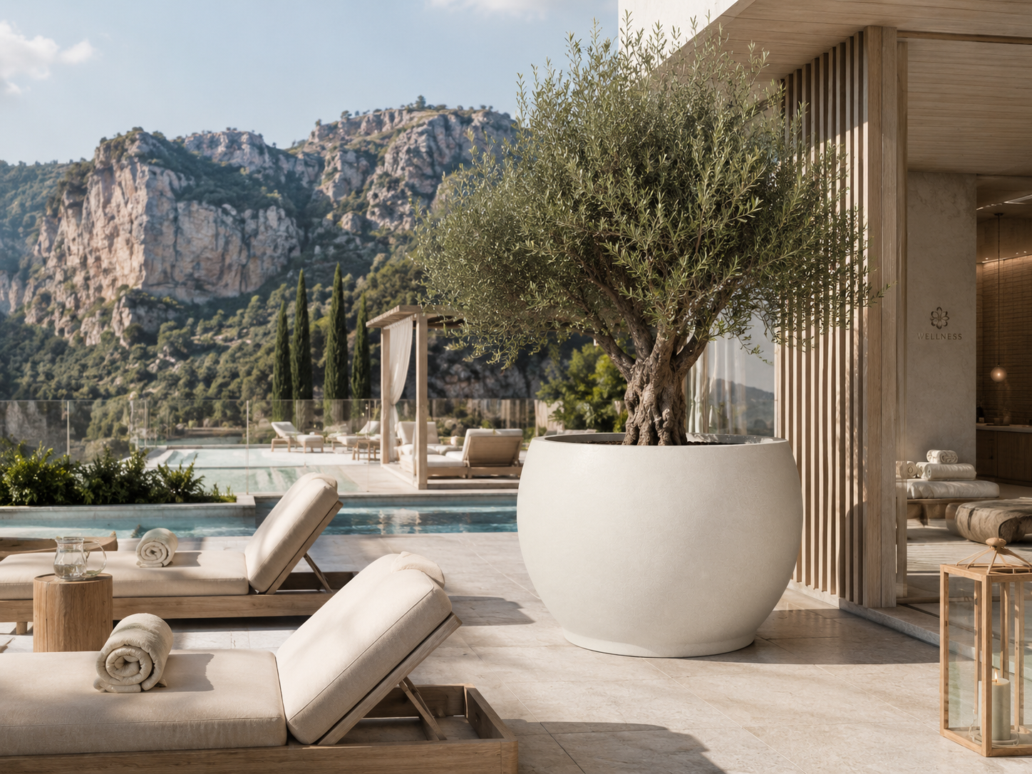 Smooth white fiber clay planter pot for resort pool landscaping