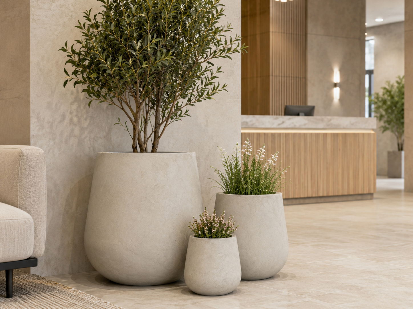 Smooth white fibre clay planter pots for hotel lobby landscaping