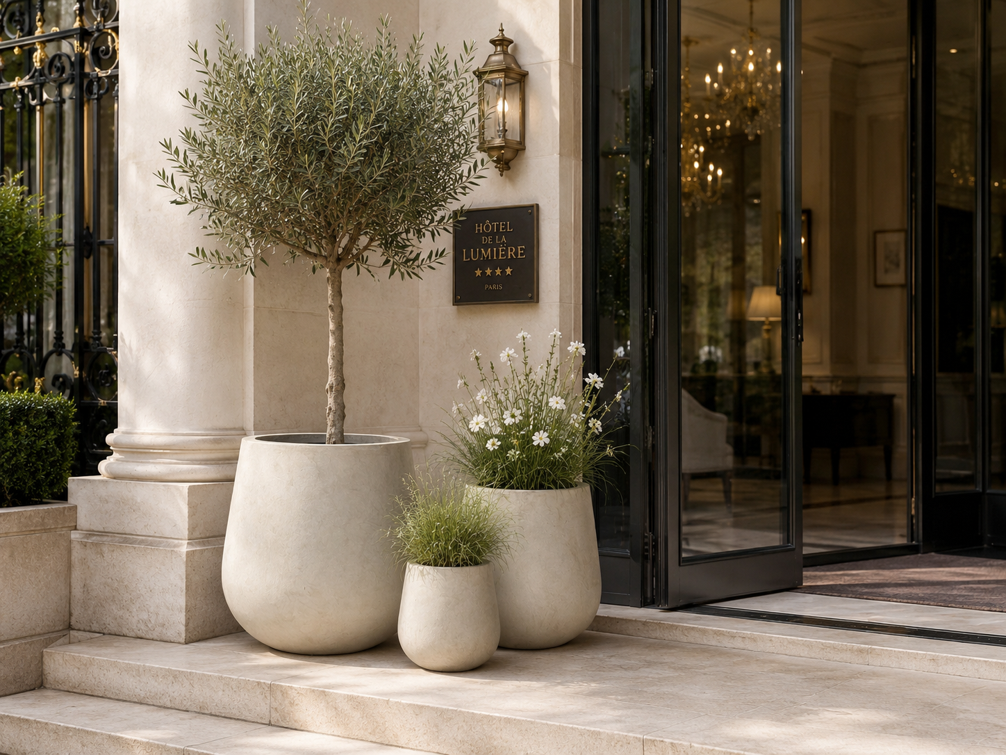 Wholesale smooth white outdoor fibre clay pots for hotel entrance