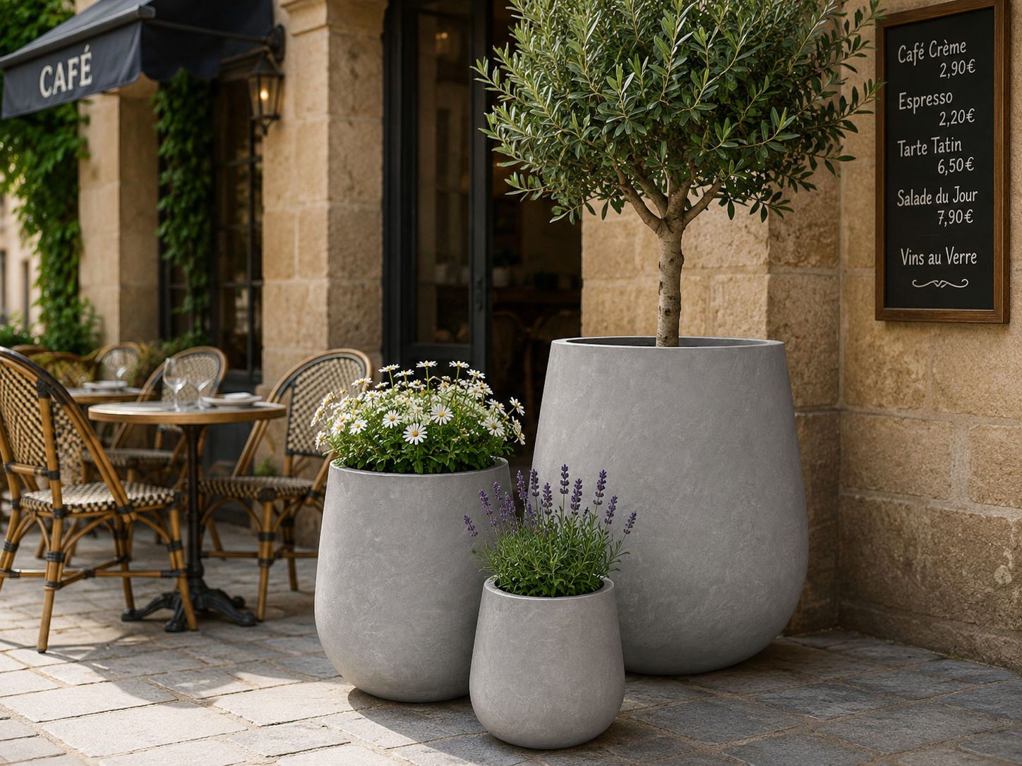 Grey fiber clay planter set for cafe landscaping