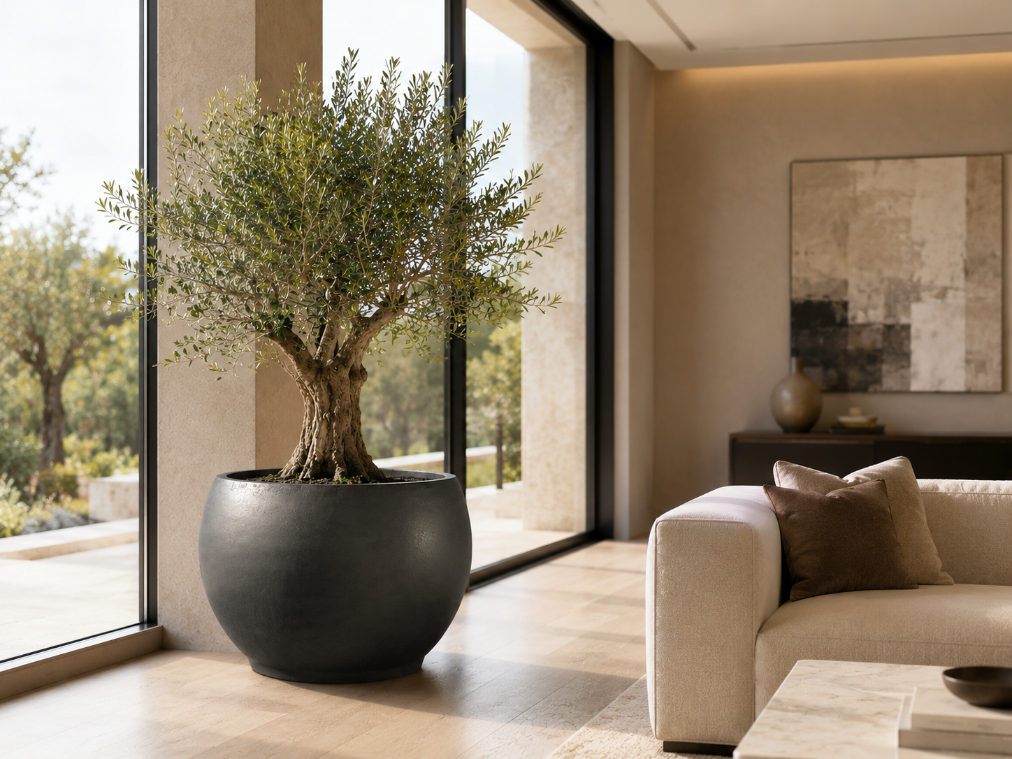 Smooth black large fibre clay planter pot for indoor application