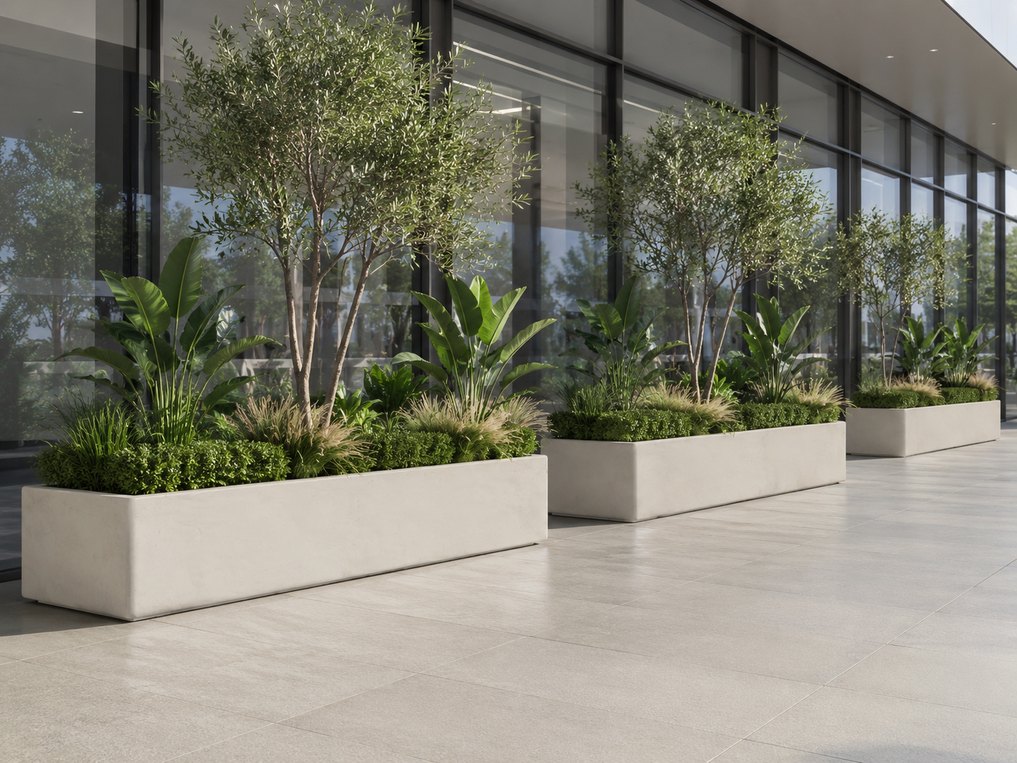 Smooth white rectangular fiber clay planter boxes for commercial interior corridors