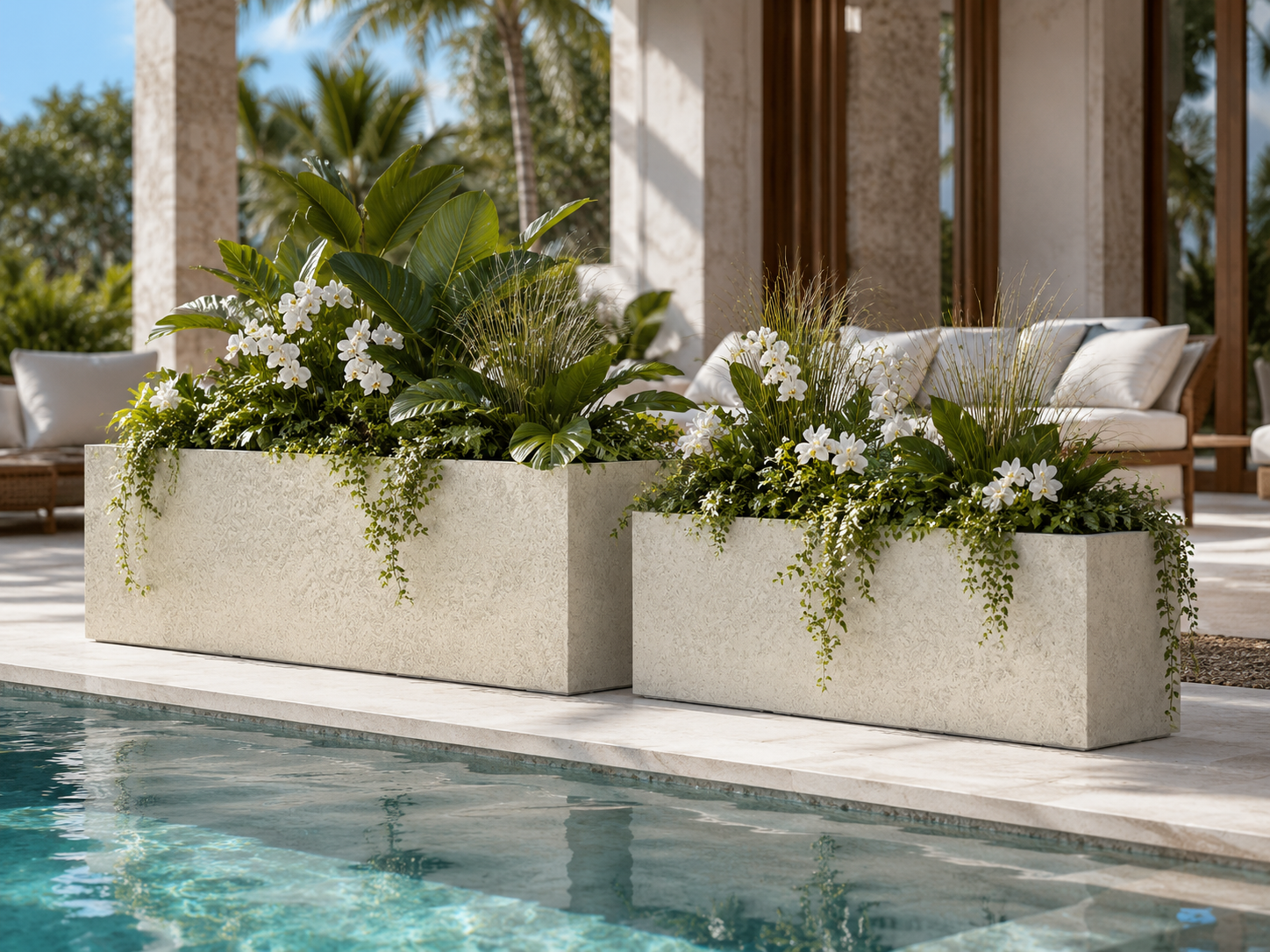 Texa Beige outdoor fibre clay planter boxes for poolside patio landscaping