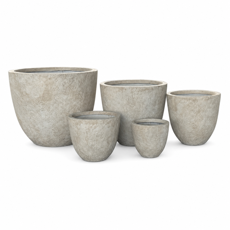 Wholesale Large Outdoor Fibre Clay Pots Sets of 6, Oversized Beige Round Garden Flowerpots from Fiberclay Pot Manufacturer
