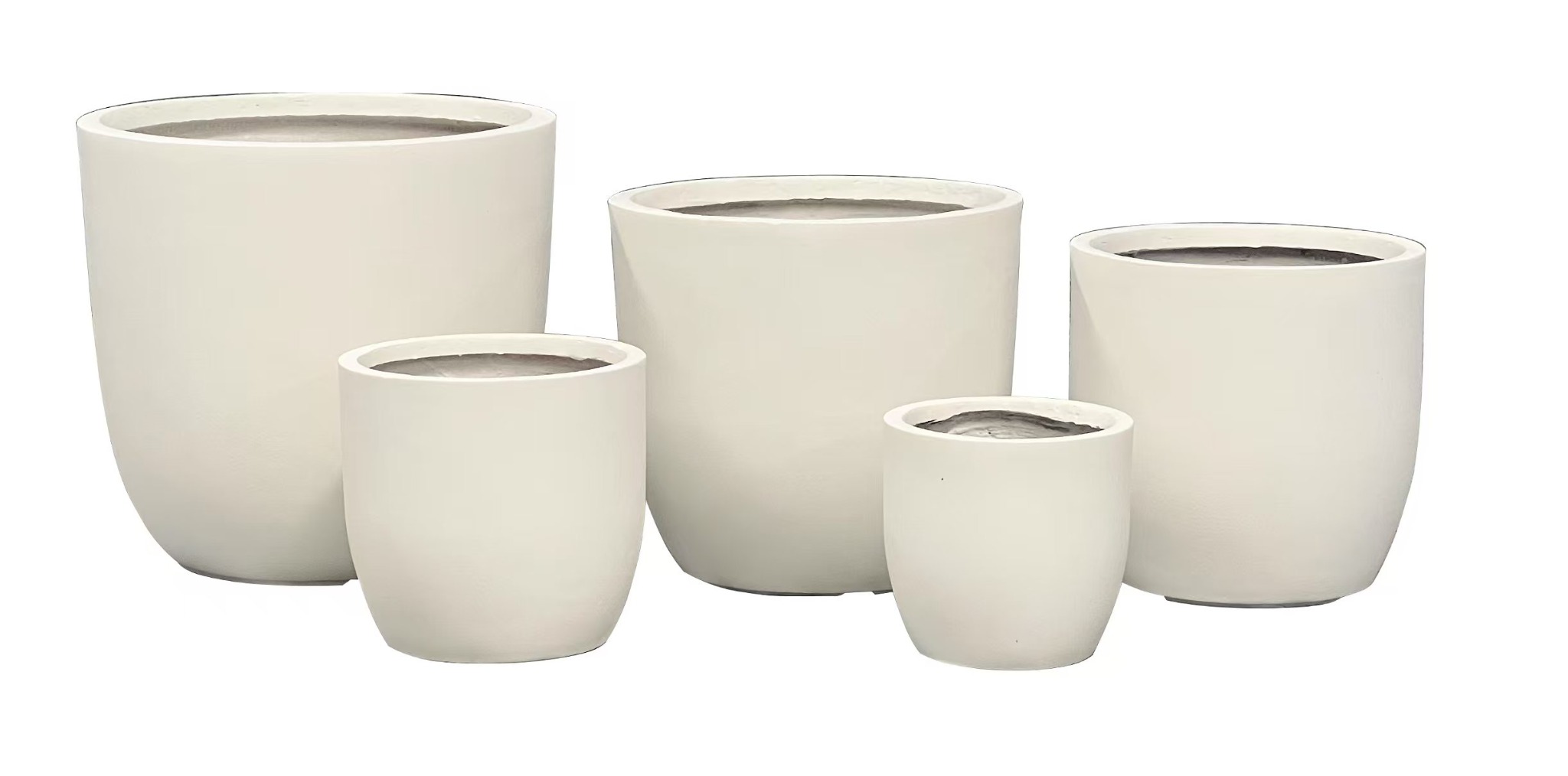 Round Fiber Clay Planter Pots, Set of 5, Matte White Finish, Lightweight Outdoor Garden Planters for Patio and Landscape Decoration 