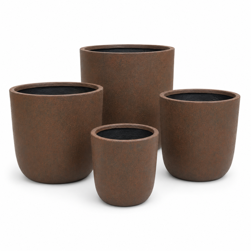 Round Fiber Clay Planter Pots, Set of 5, Rustic Finish, Lightweight Outdoor Garden Planters for Wholesale