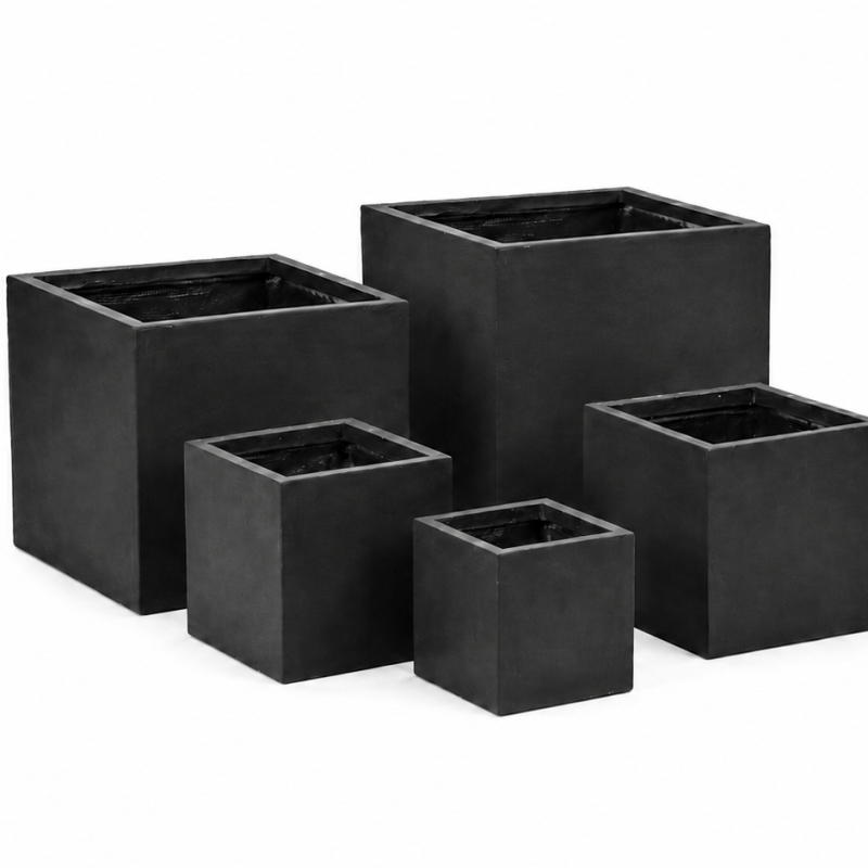 Wholesale Outdoor Square Fiber Clay Planter Pots, Set of 5, Smooth Matte Black Finish for Rooftop Terraces, Patios and Landscape Projects