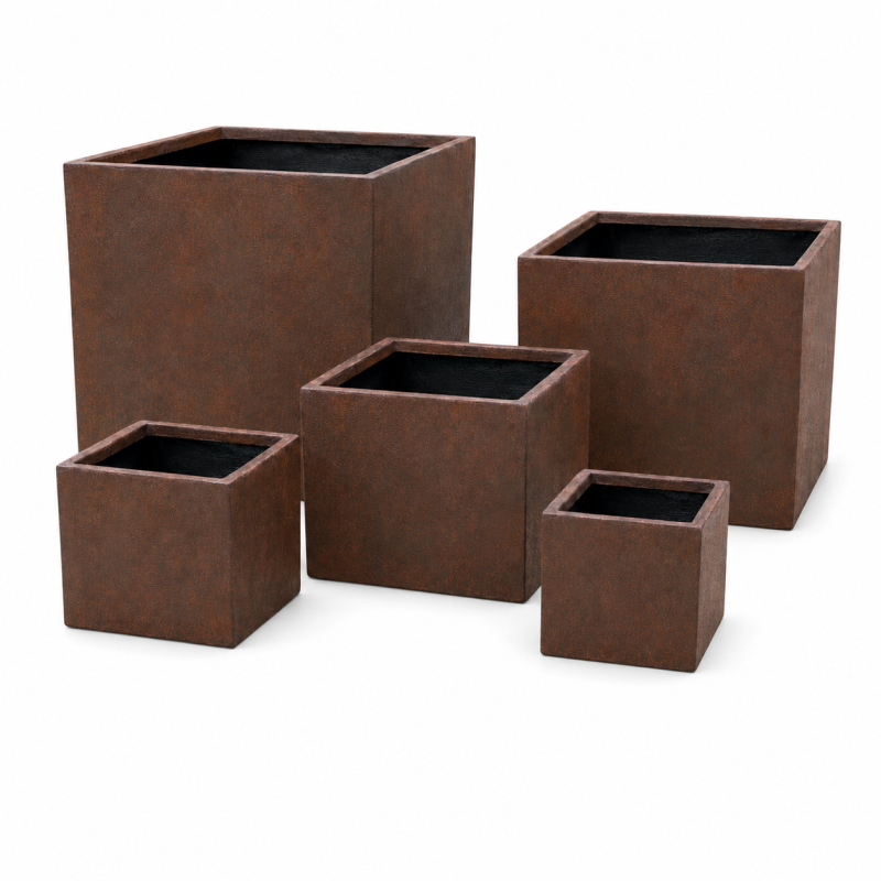 Wholesale Outdoor Square Fiber Clay Planter Pots, Set of 5, Rustic Finish for Rooftop Terraces, Patios and Landscape Projects