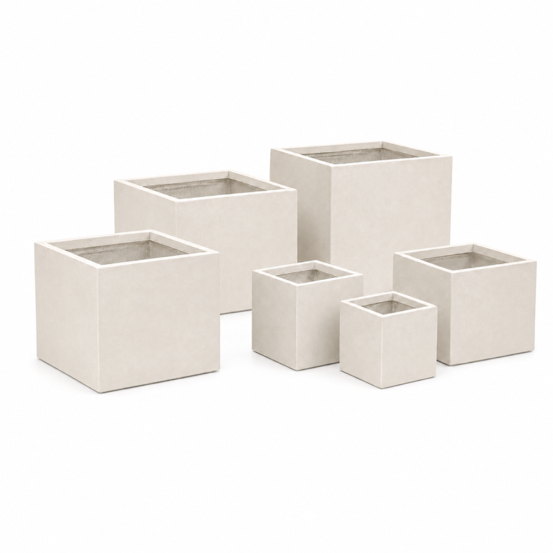 Wholesale Outdoor Square Fiber Clay Planter Pots, Set of 5, Smooth Matte White Finish for Rooftop Terraces, Patios and Landscape Projects 