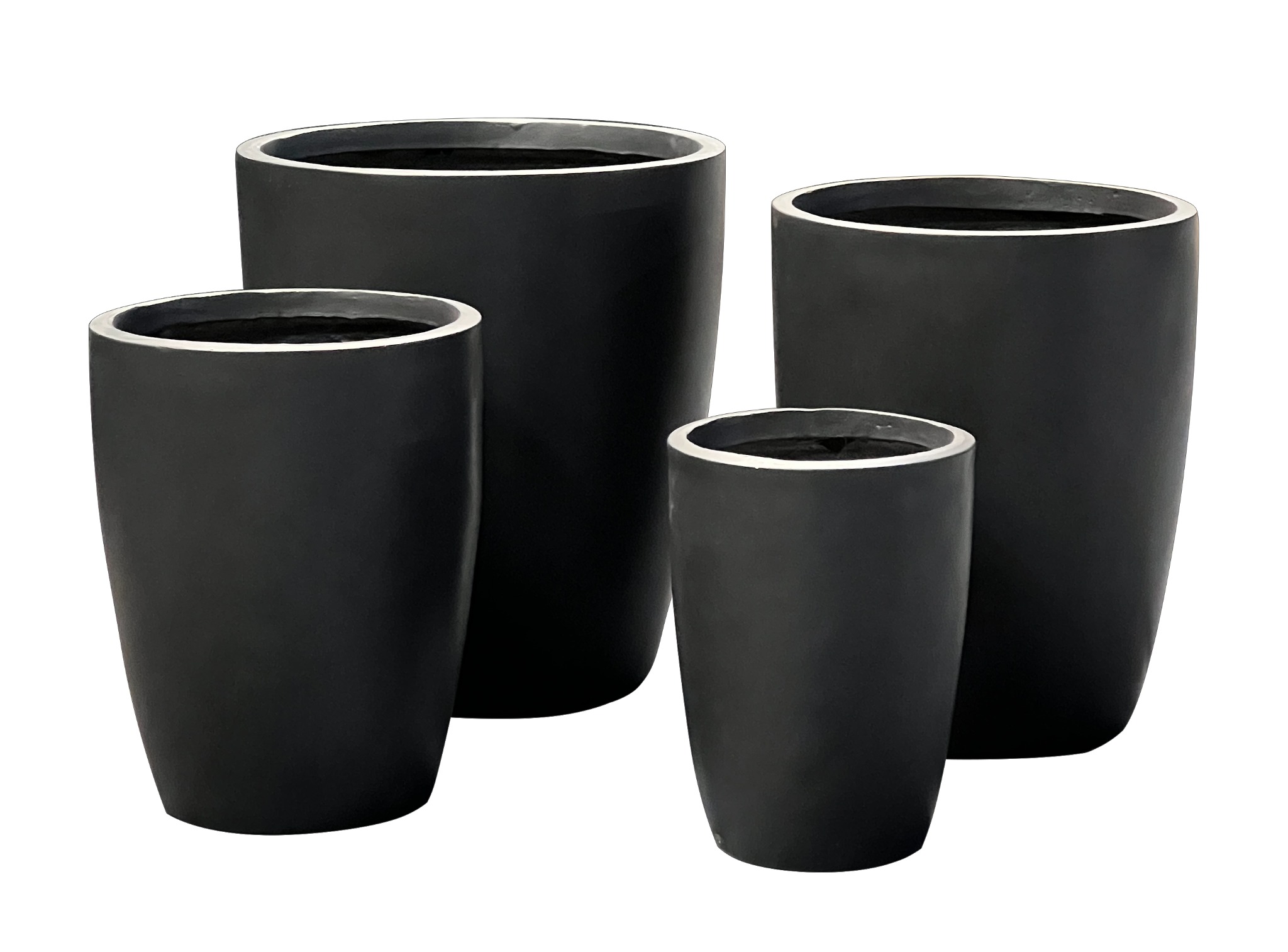 Round Tapered Fiber Clay Planter Pots, Set of 4, Smooth Matte Black Finish, Lightweight Outdoor Planters for Balcony, Patio and Garden