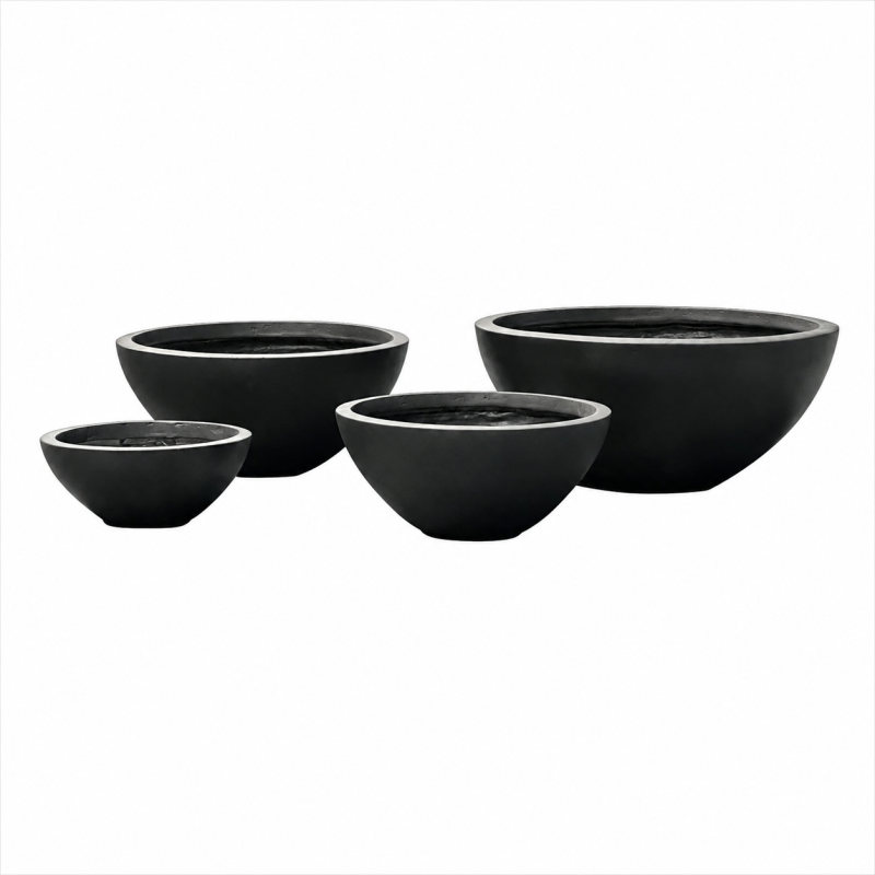 Round Bowl Fiber Clay Planter Pots, Set of 4, Smooth Matte Black Finish, Lightweight Outdoor Planters for Patio, Garden and Landscape Decoration
