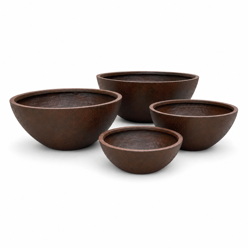 Round Bowl Fiber Clay Planter Pots, Set of 4, Smooth Matte White Finish, Lightweight Outdoor Planters for Patio, Garden and Landscape Decoration