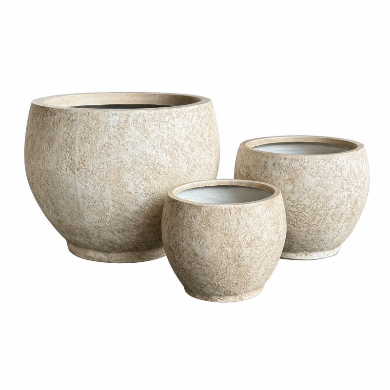 Wholesale Large Round Fiber Clay Pots, Outdoor Lightweight Stone Texture Fibre Clay Planter for Garden Flowerpots and Commercial Landscaping Project Pots