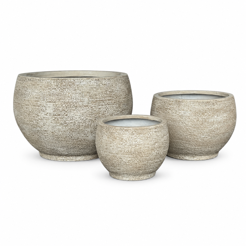 Wholesale Large Round Fiber Clay Pots, Outdoor Lightweight Stone Texture Fibre Clay Planter for Garden Flowerpots and Commercial Landscaping Project Pots 