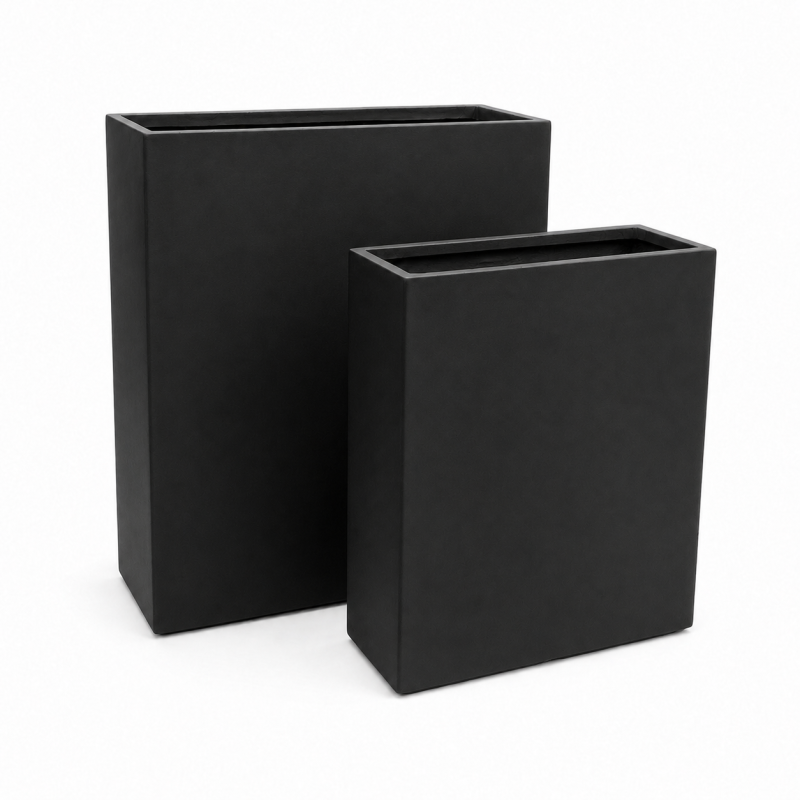 Rectangular Fiber Clay Planter Boxes, Smooth Matte Black Finish, Lightweight Outdoor Trough Planters for Patio, Poolside and Landscape Projects