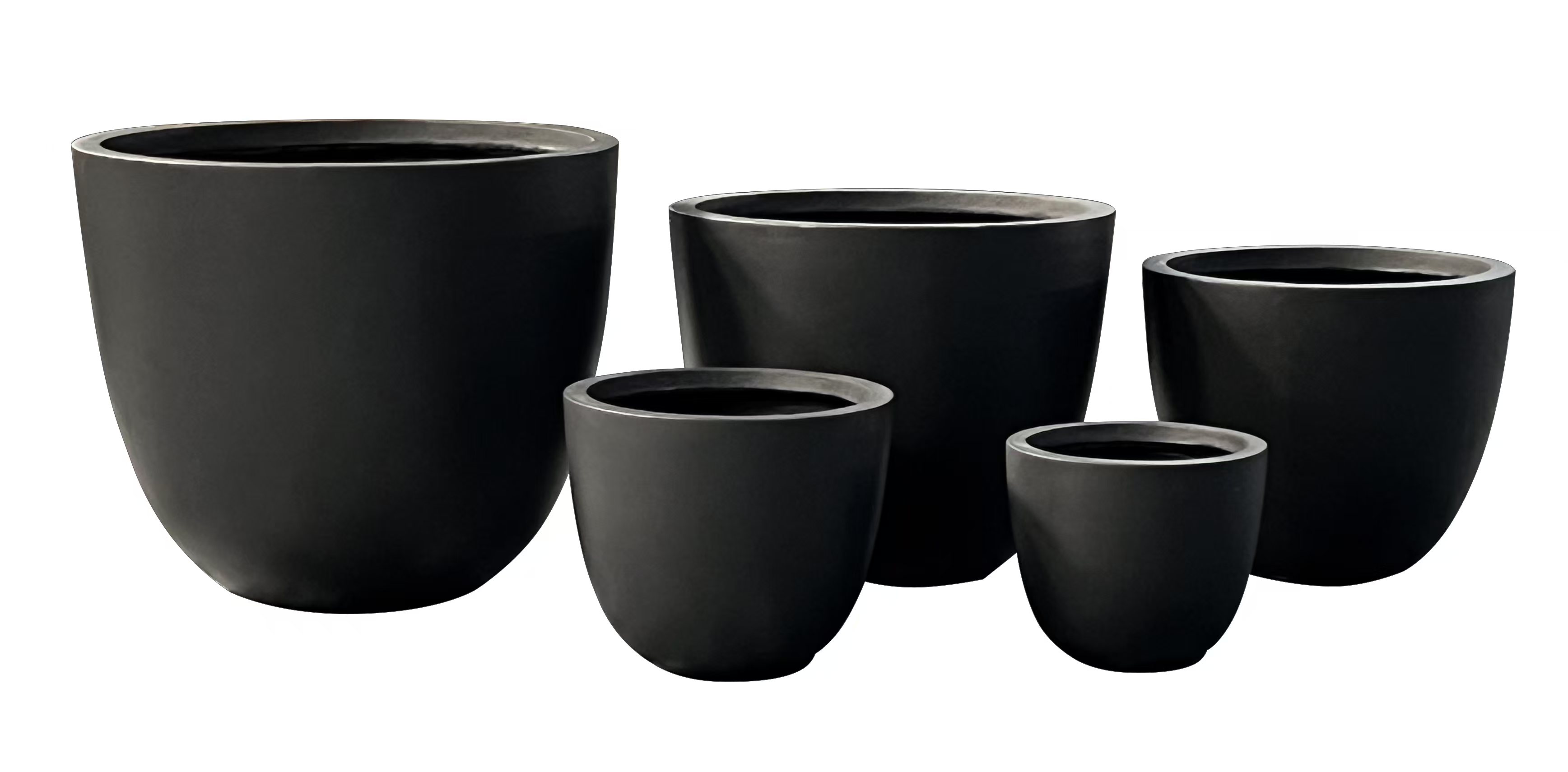 Large Round Fiber Clay Planter Pots, Set of 5/6, Smooth Matte Black Finish, Lightweight Outdoor Planters for Balcony, Patio and Garden